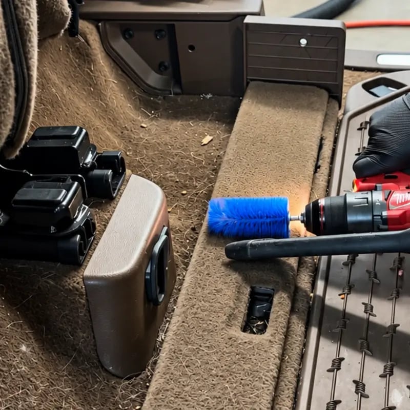 Drill powered silicone brush working through vehicle carpet