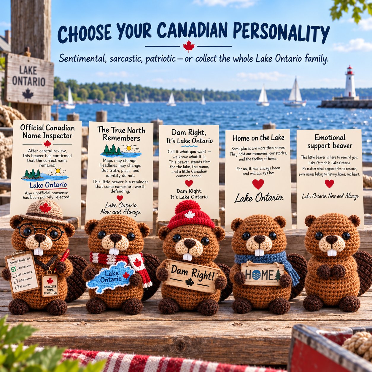 Complete Lake Ontario emotional support beaver collection with five Canadian personalities