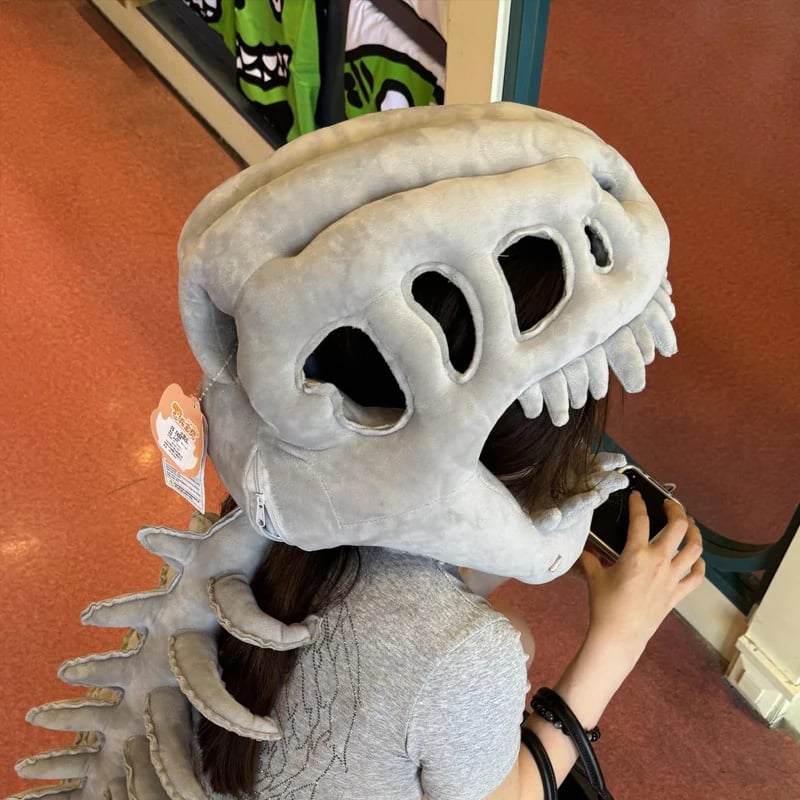 Wearable plush dinosaur skull costume details