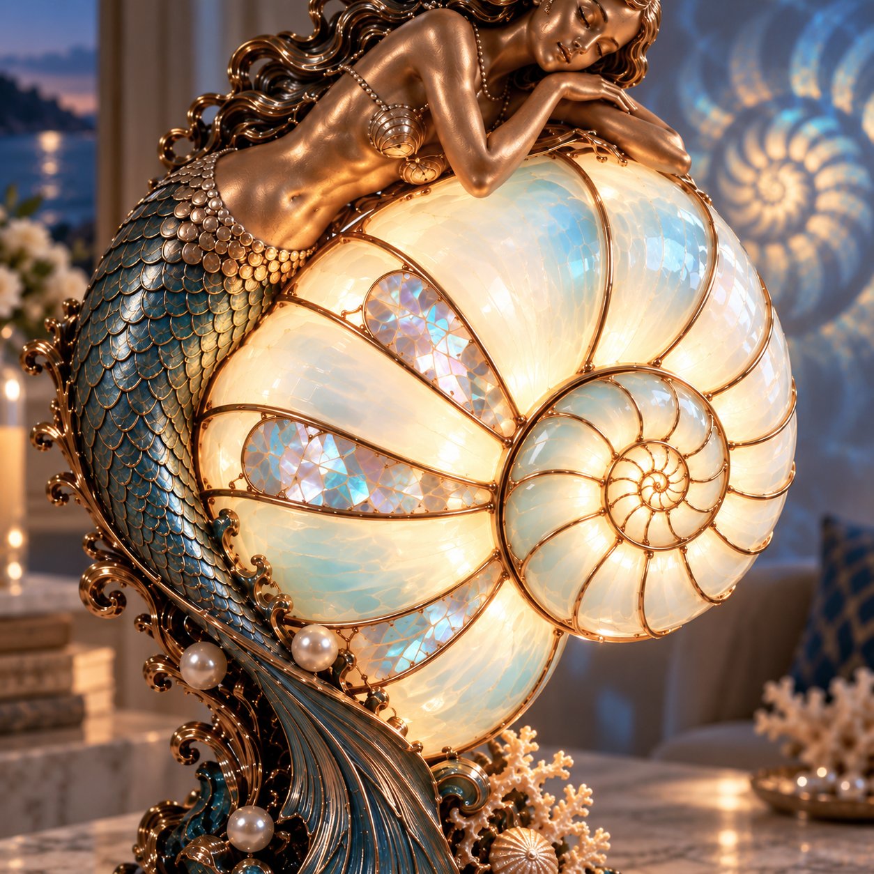 Close-up of the glowing nautilus shell, bronze-toned mermaid, teal scales, and pearl accents
