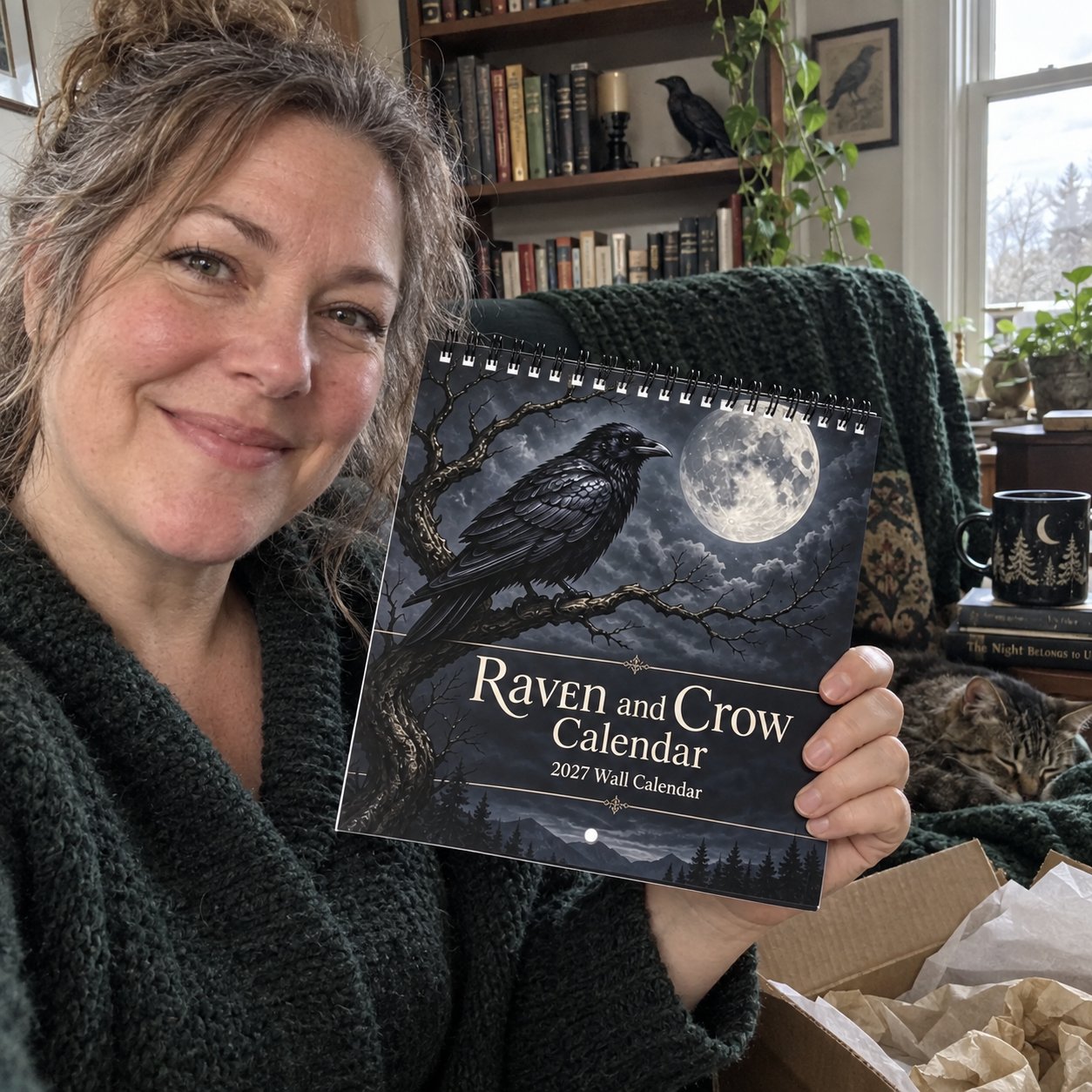 A person holding the Raven and Crow calendar cover beside bookshelves