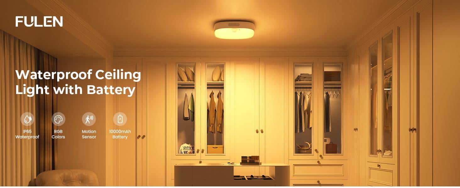 FULEN Shower Lights IP65 Waterproof, Motion Sensor Ceiling Light, Rechargeable Closet Light with 10000mAh Battery, LED Shower Lamp for Bathroom, Cordless Ceiling Lamp with RGB Colors, Remote Control FULEN Shower Lights IP65 Waterproof, Motion Sensor Ceiling Light, Rechargeable Closet Light with 10000mAh Battery, LED Shower Lamp for Bathroom, Cordless Ceiling Lamp with RGB Colors, Remote Control