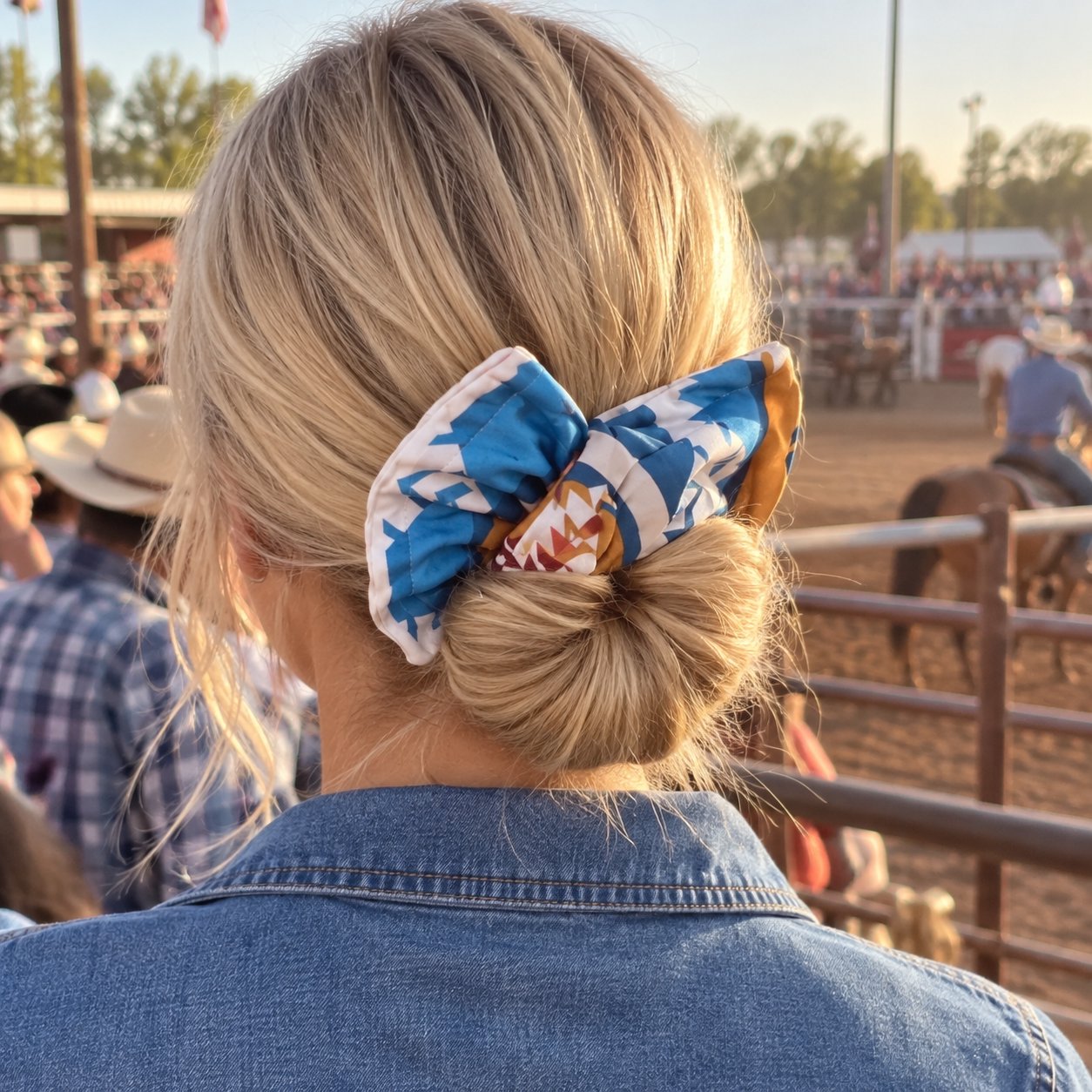 Customer photo of a Southwest bow with a denim jacket at an outdoor rodeo
