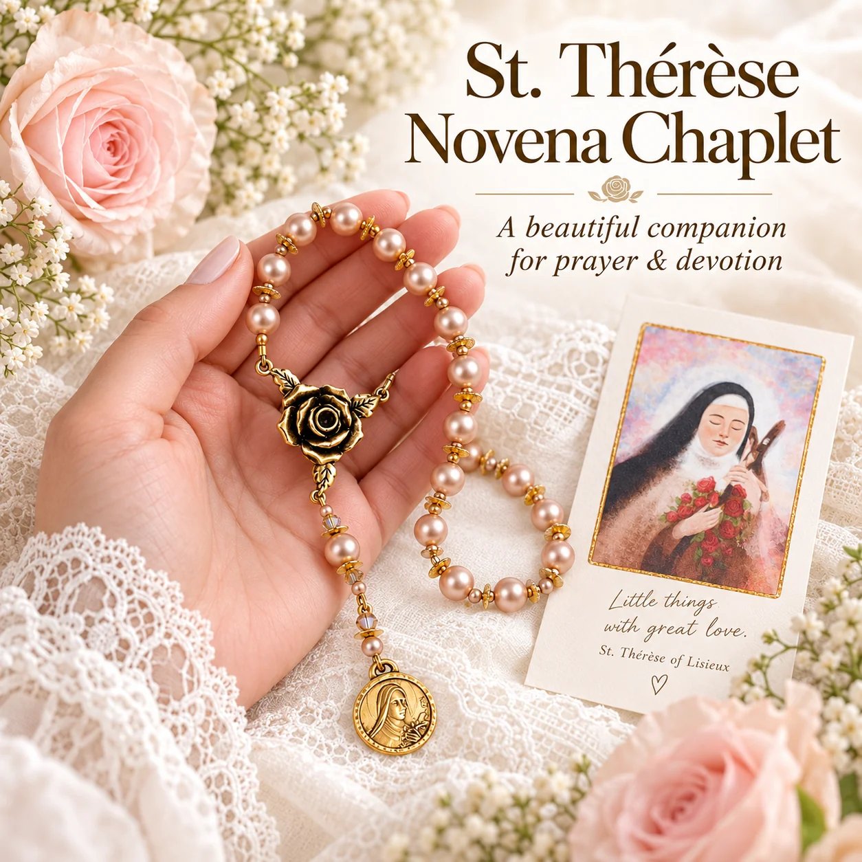 St Therese chaplet rose centerpiece blush beads and saint medal