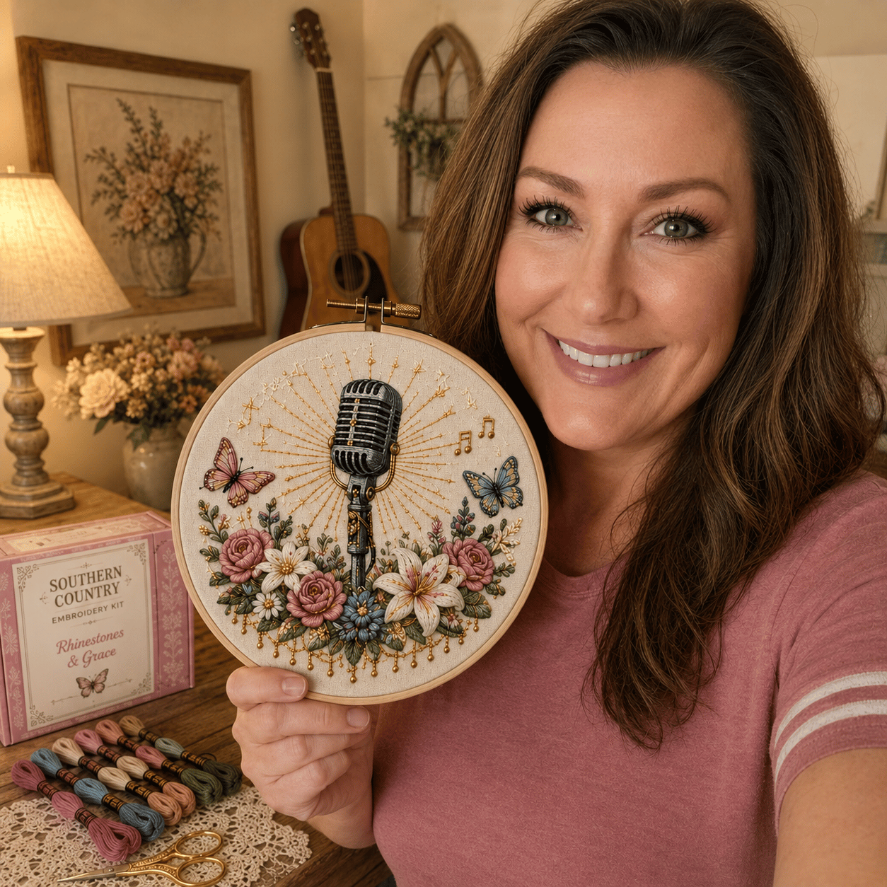 Customer holding her finished Rhinestones and Grace embroidery