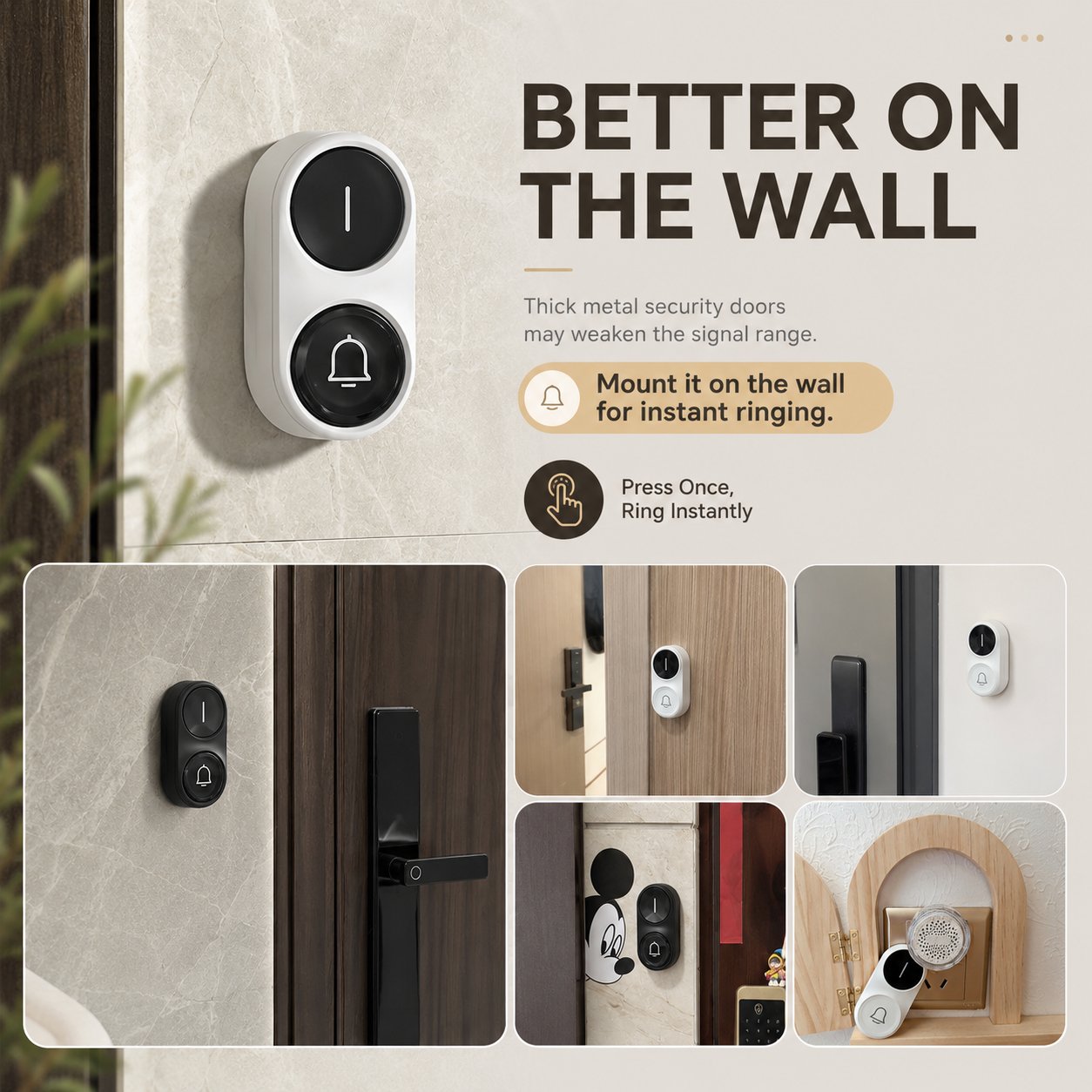 Wireless doorbell buttons mounted beside several styles of front doors