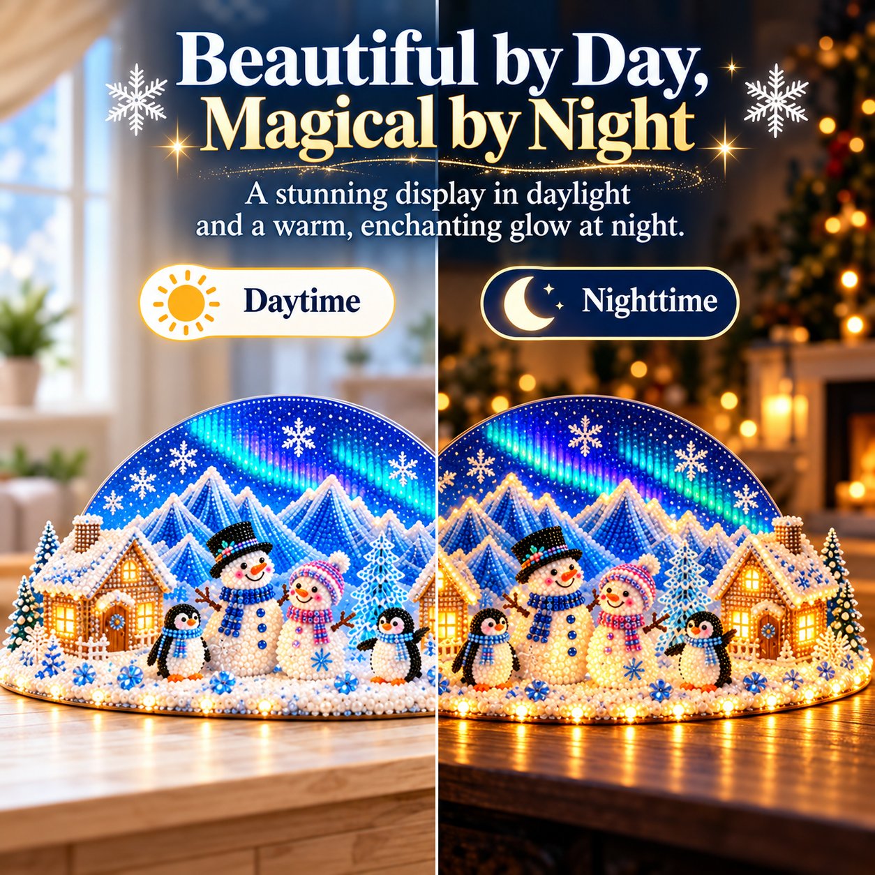 Daytime and illuminated nighttime display examples of the finished winter village