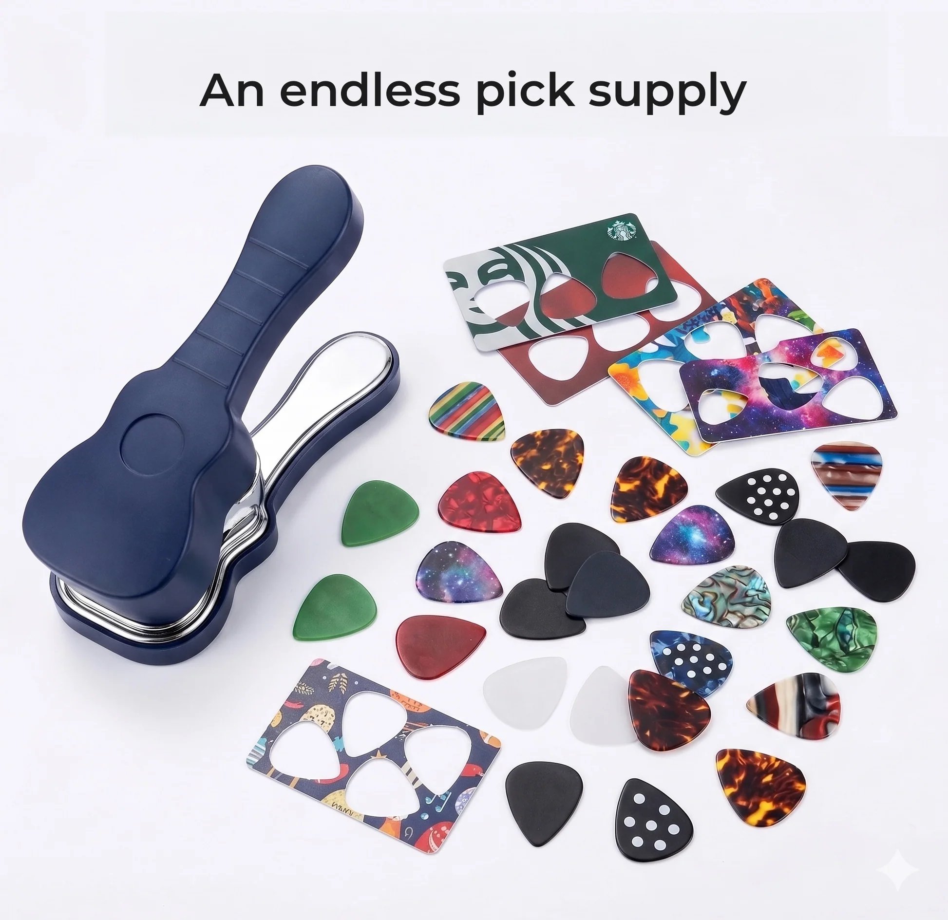 Guitar pick punch with many finished picks and cut plastic sheets