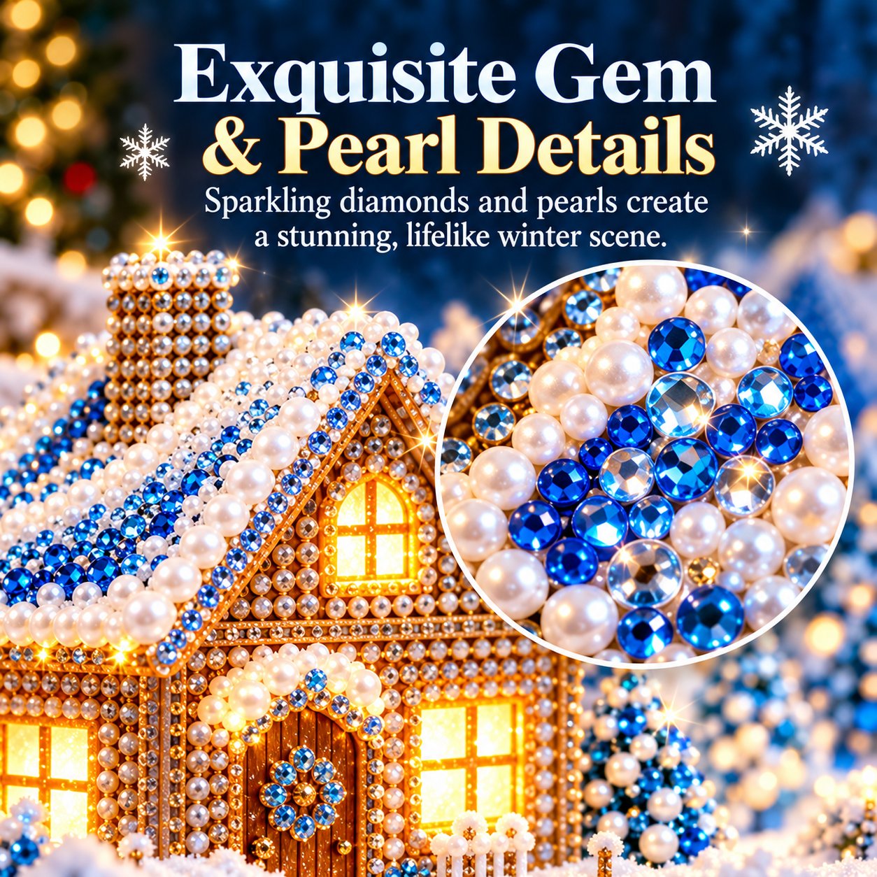 Close-up of blue rhinestones, pearl-style beads and decorative details on a snowy cottage