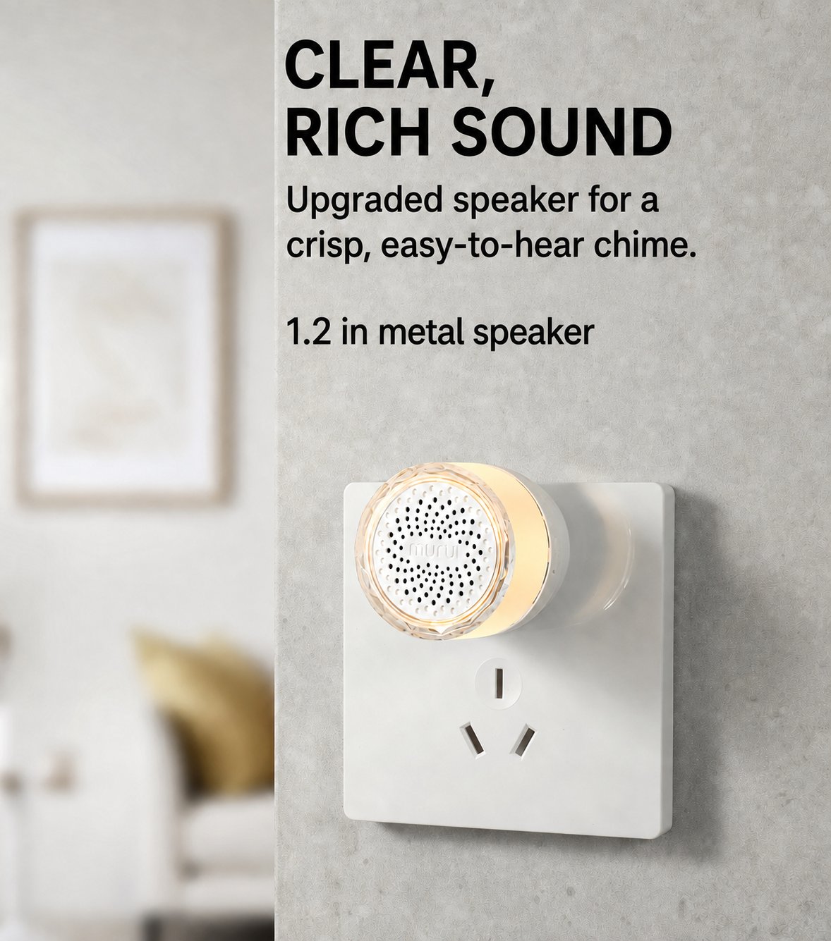 Plug-in doorbell chime with a 1.2-inch metal speaker and warm light ring