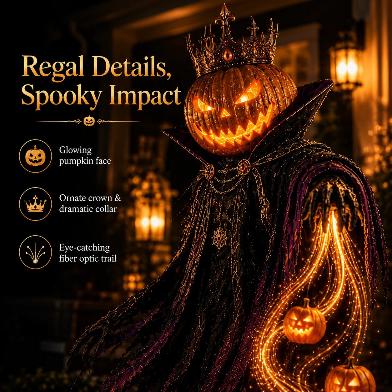 Close up glowing Pumpkin King crown dramatic collar and fiber optic trail