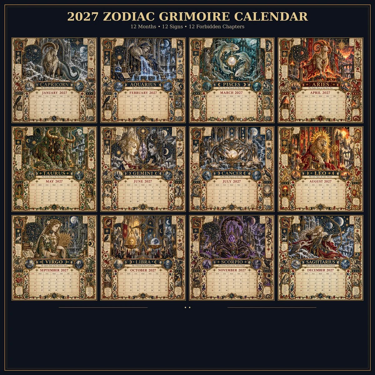 Complete twelve month 2027 Zodiac Grimoire collection