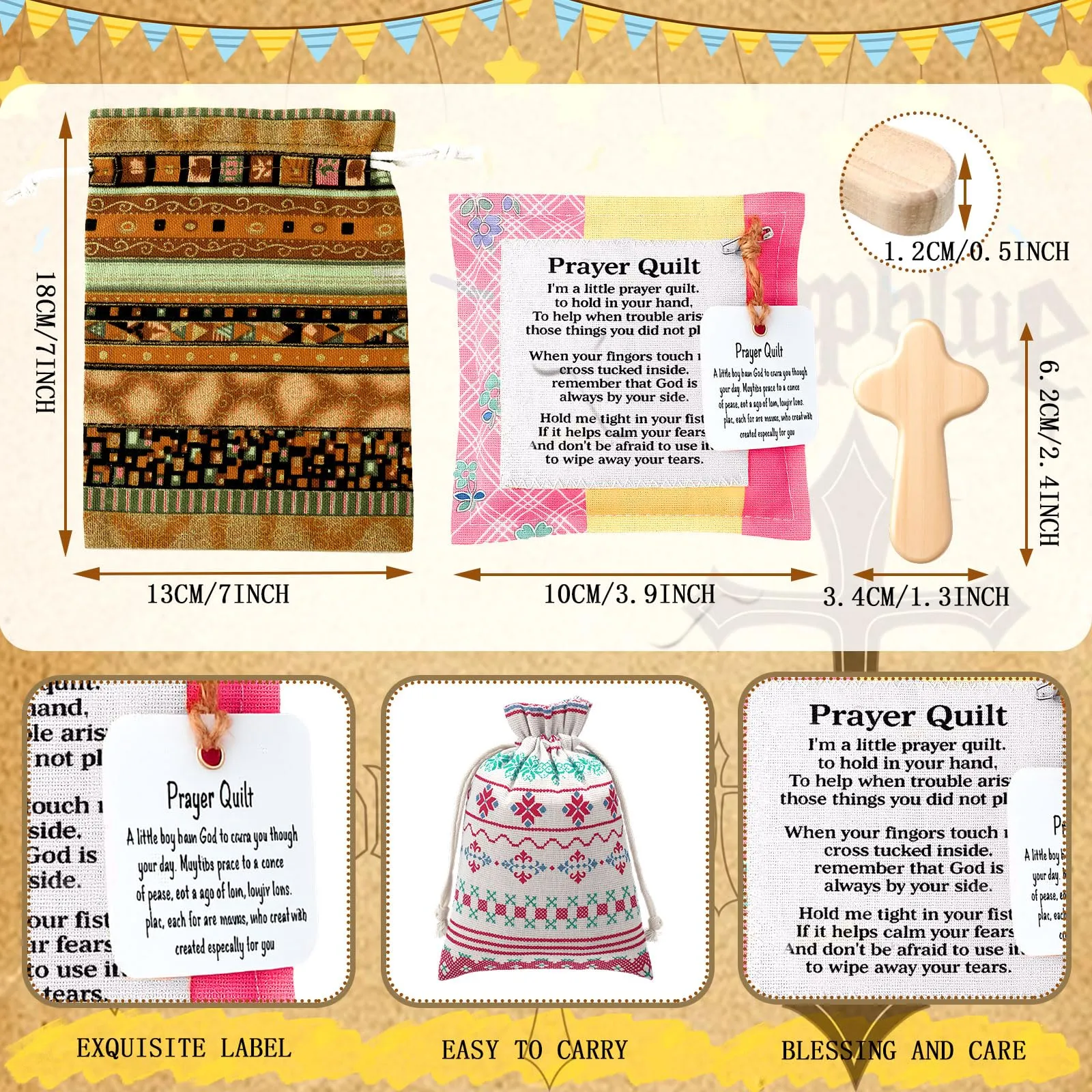 18Pcs Easter Prayer Gift Pocket Prayer Quilt Set Handmade Prayer Blanket with Cross and Drawstring Bag Mini Heart Prayer Quilt for Friends Family Church Members Easter Basket Stuffer Easter Basket Ideas
