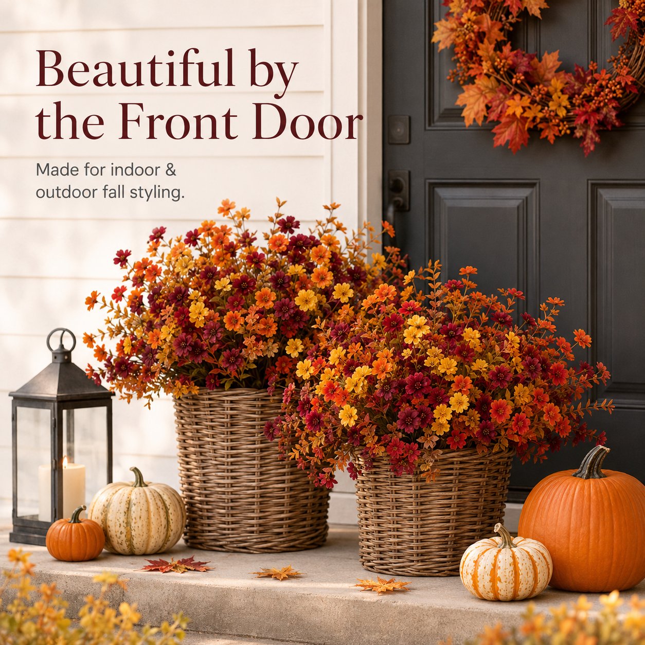 Mixed artificial fall flower bouquets styled in a cozy kitchen and dining area