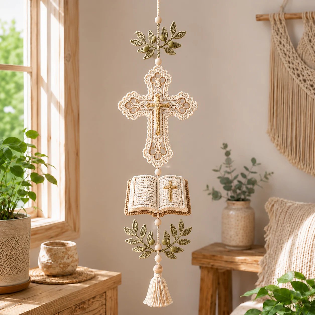 Close details of crochet lace and wooden beads on the faith hanging cascade