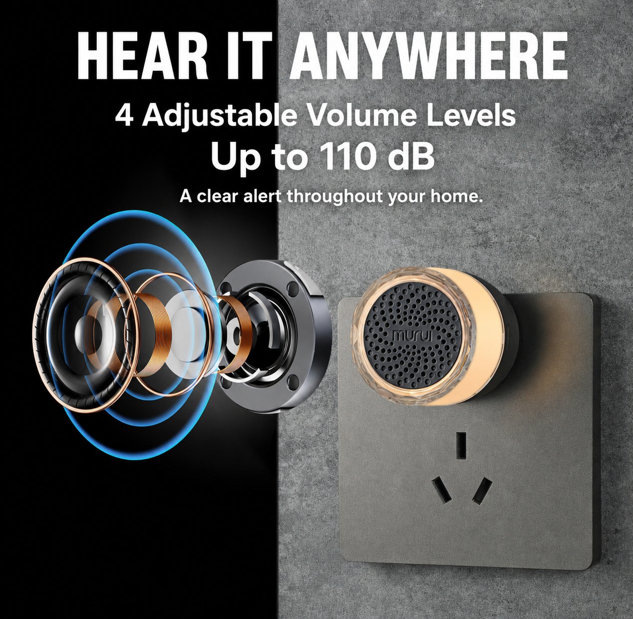 Doorbell chime sound graphic showing four adjustable volume levels up to 110 dB