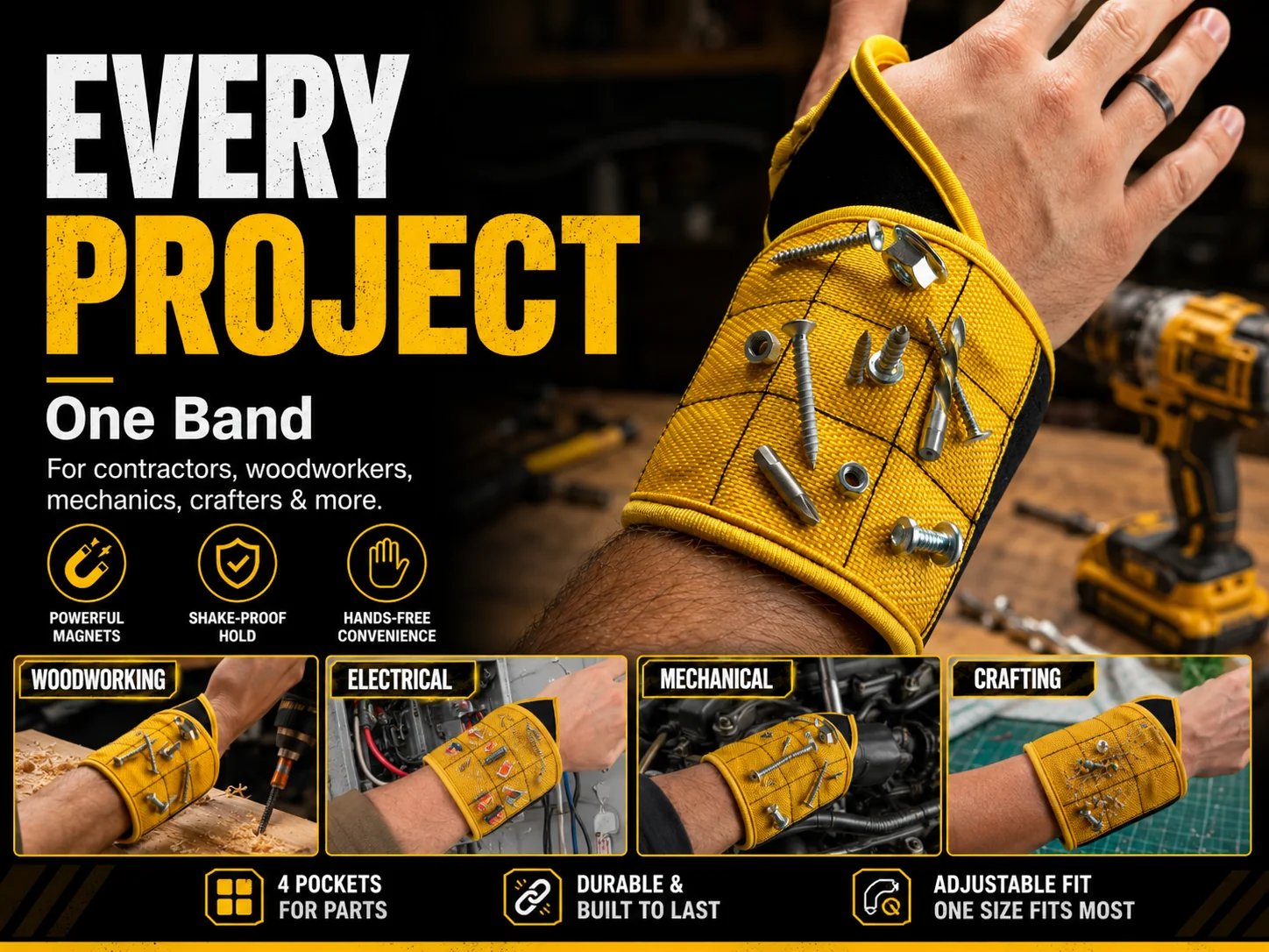 Magnetic wristband used for woodworking, electrical, mechanical and craft projects