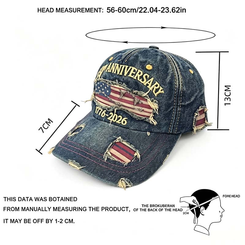Adjustable metal buckle strap on patriotic denim cap