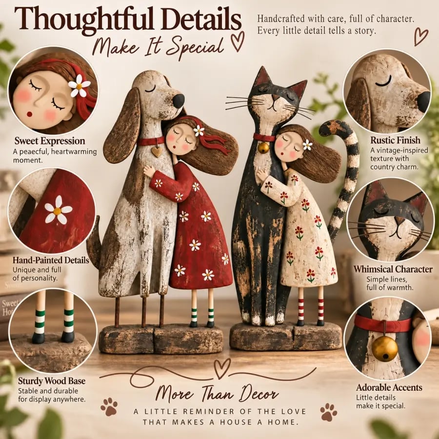 Close-up details of the hand-painted girl dog and cat folk art figurines