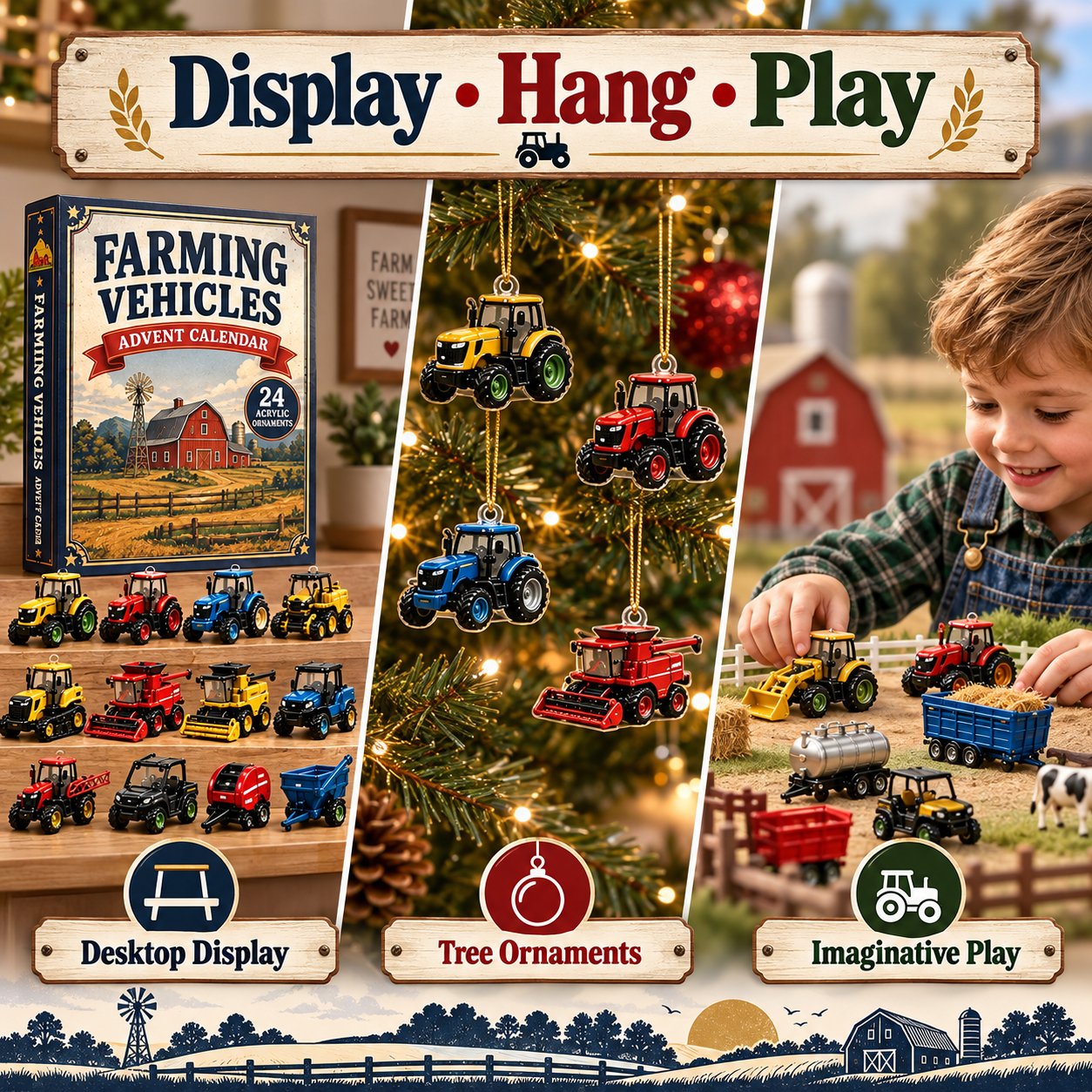 Farm themed acrylic ornament set displayed