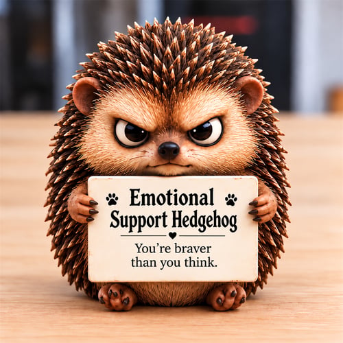 Hedgehog style with textured spines and an encouraging sign