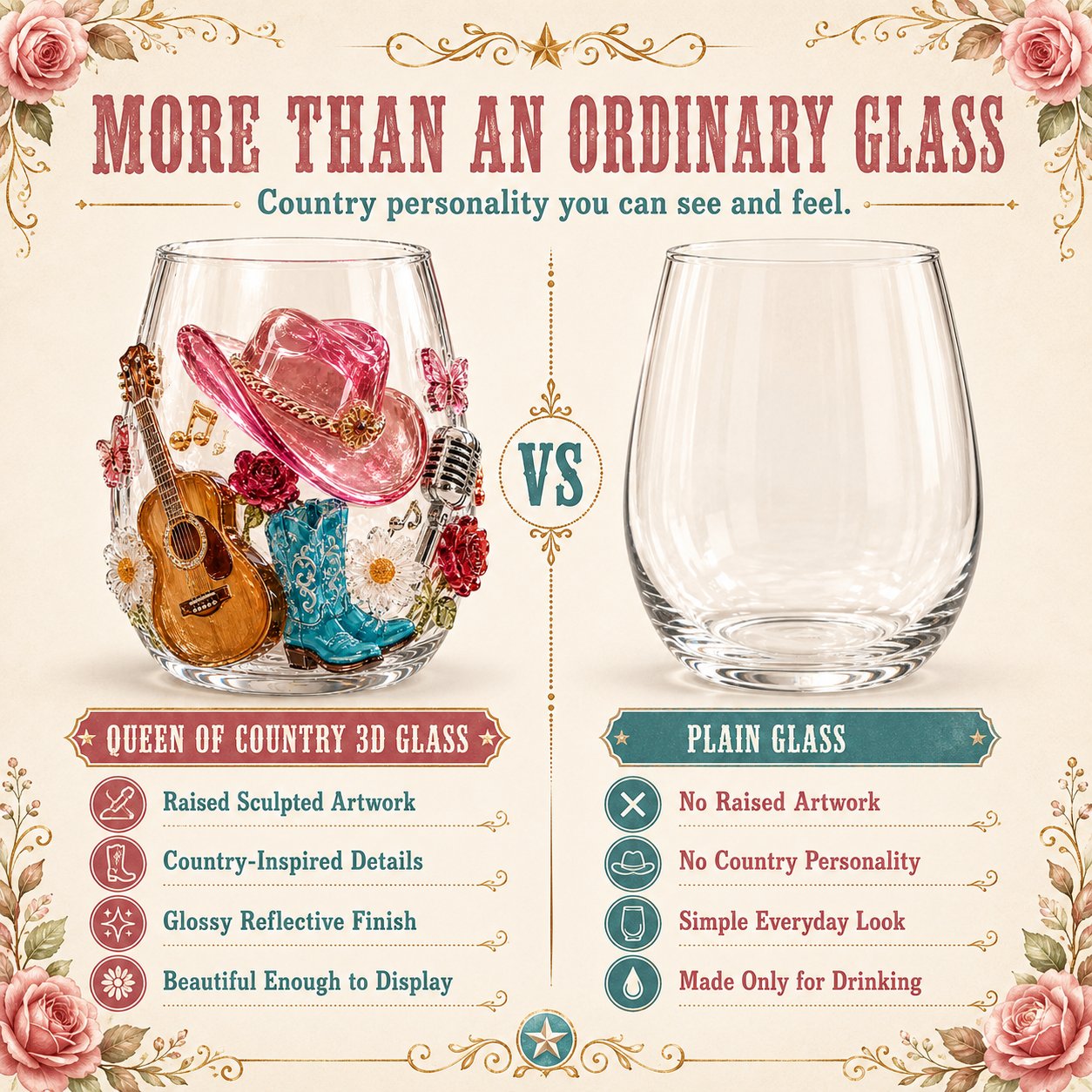 Macro view of raised curls, guitar, butterflies and roses on the Country Queen glass