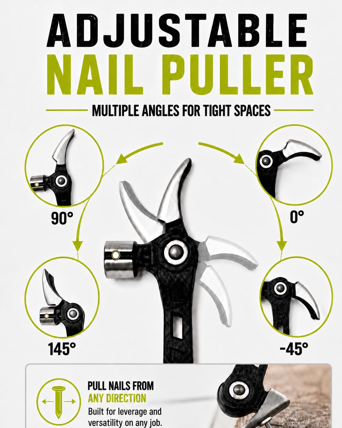 Four adjustable nail puller positions for tight spaces