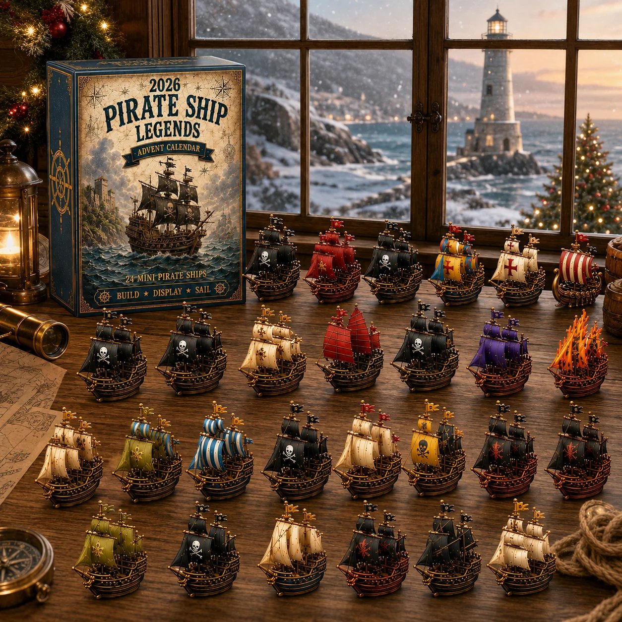 Miniature pirate ships displayed beside a window overlooking a lighthouse
