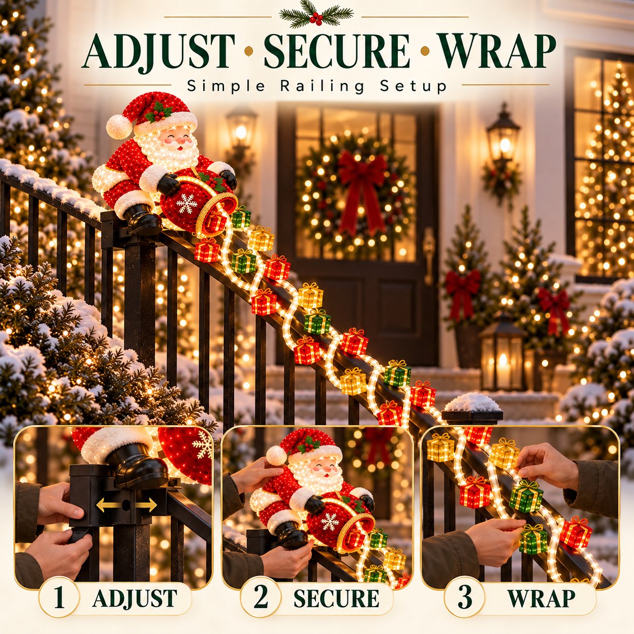 Santa Magic Gift Cascade Railing Light features