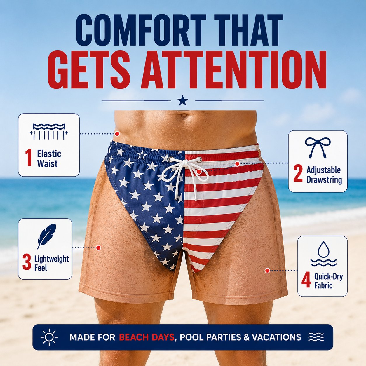 Funny patriotic swim trunks product details