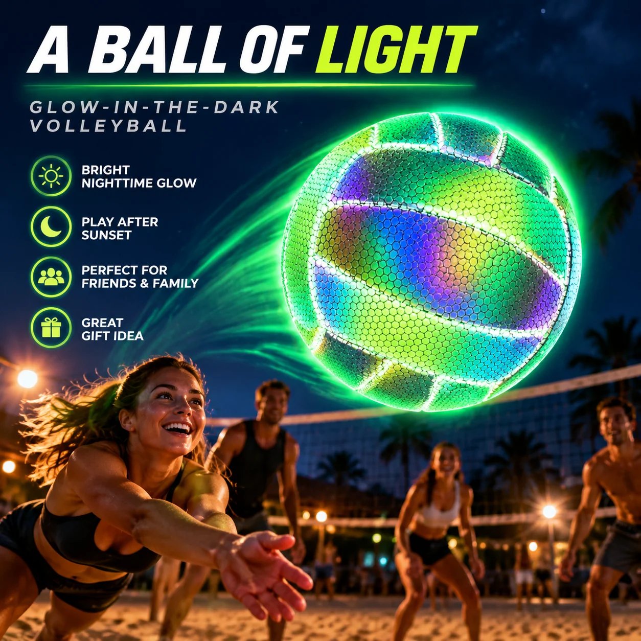 Light-up volleyball glowing during a nighttime outdoor volleyball game