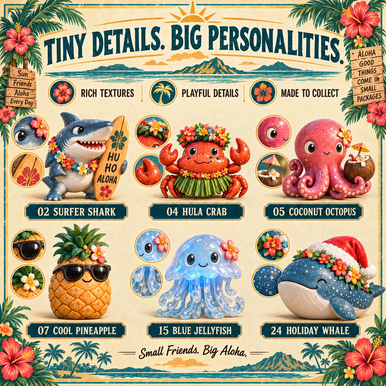 Detailed Hawaiian Odd Friends tropical character designs