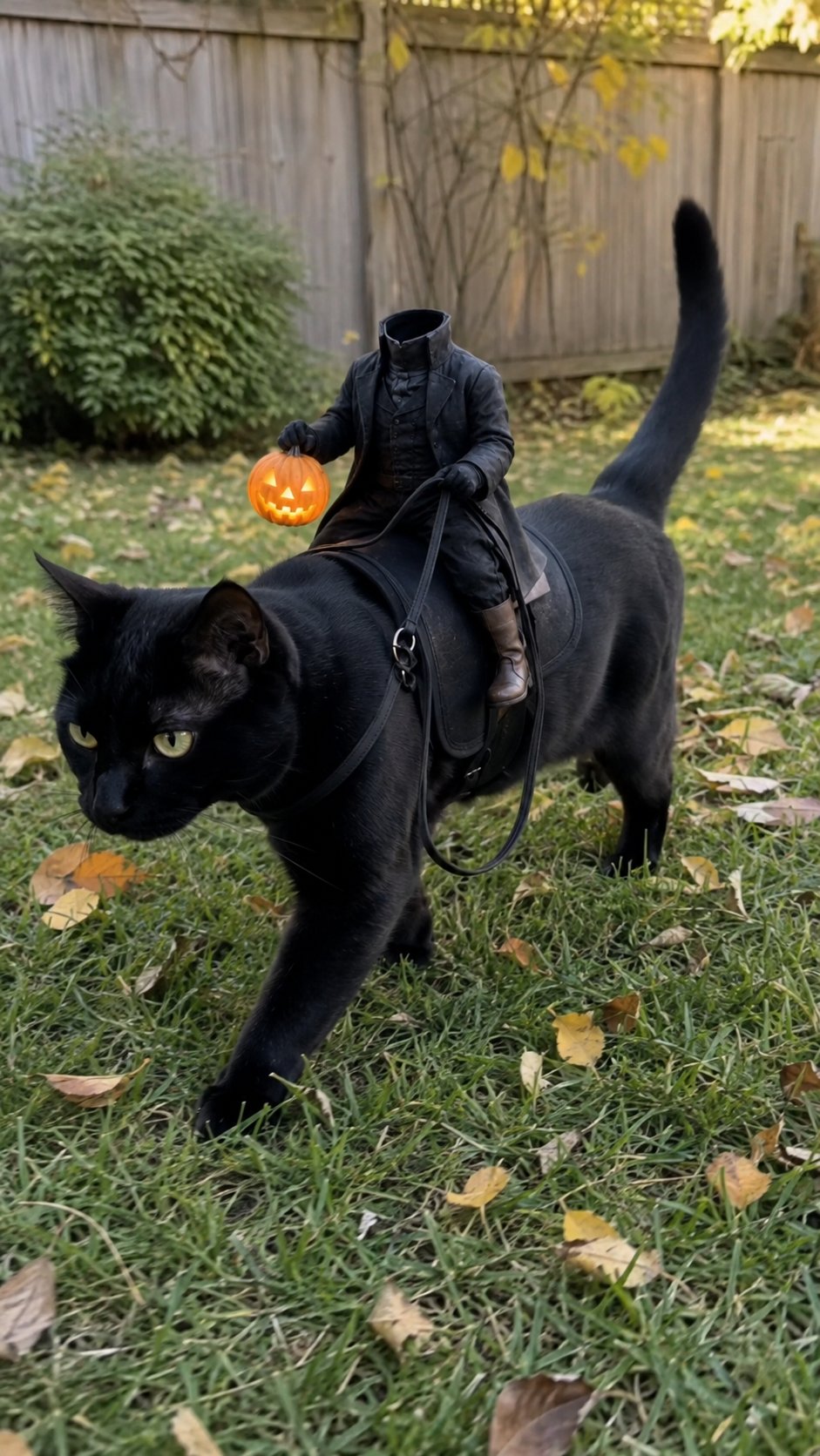 Customer-style outdoor photo of a black cat wearing the Halloween headless rider costume
