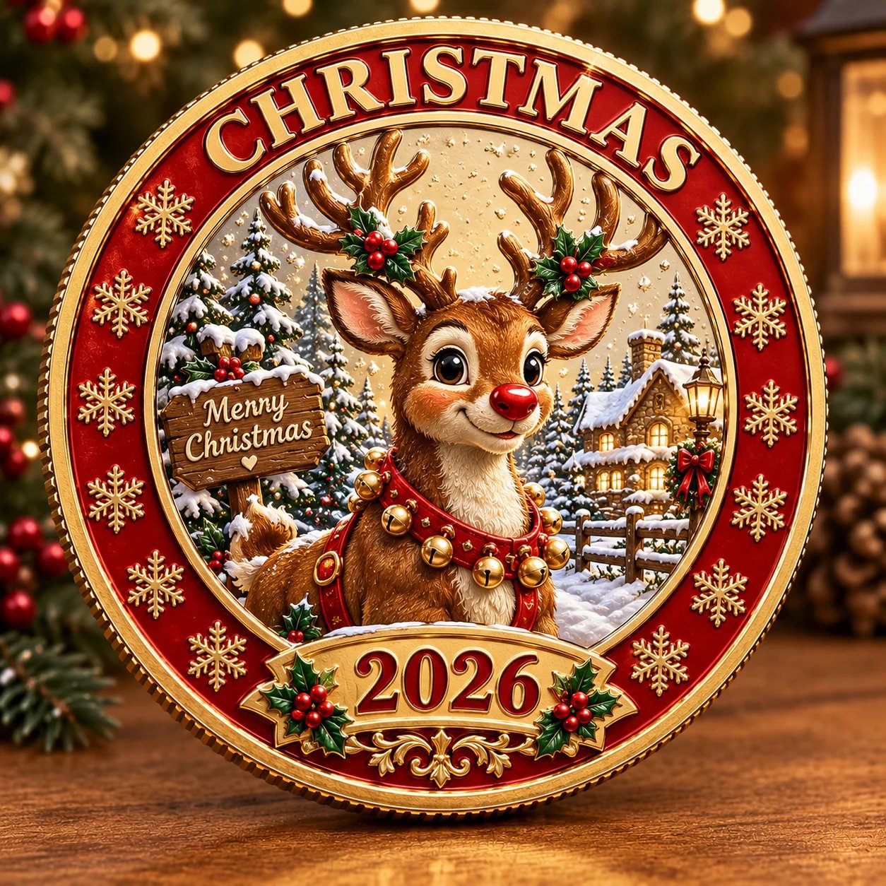 Solid brass gold plated hard enamel Christmas coin