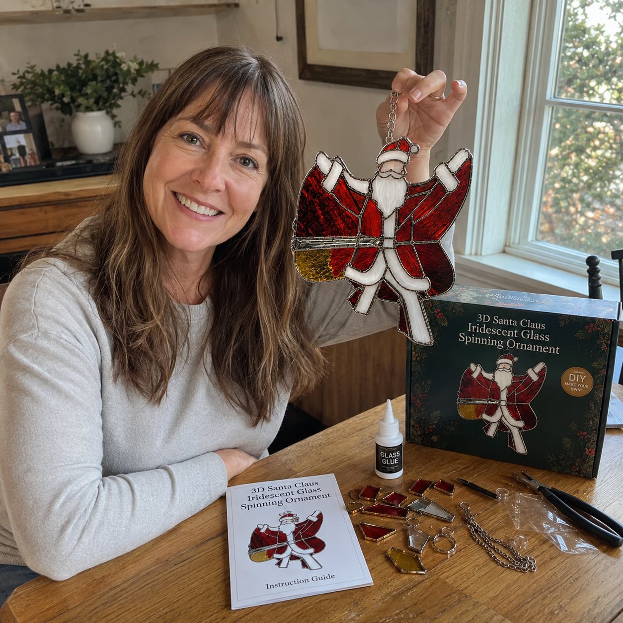 Customer holding her finished Santa Claus ornament beside the coordinating kit