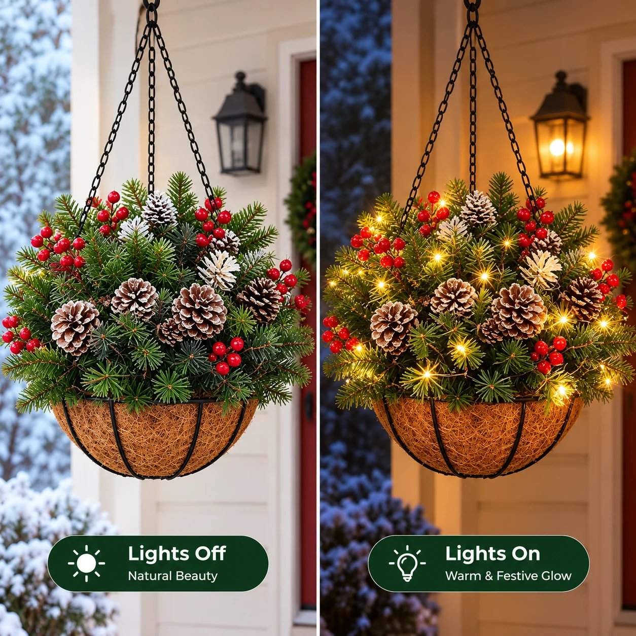 Christmas hanging basket lights off and lights on comparison