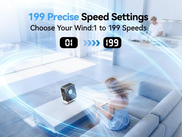KIMMOO Desk Cooling Fan for Bedroom, 199 Speed Turbo Airflow, Digital Display Quiet Table Fan, 270° Rotatable Small Rechargeable Desktop Fan for Home Office