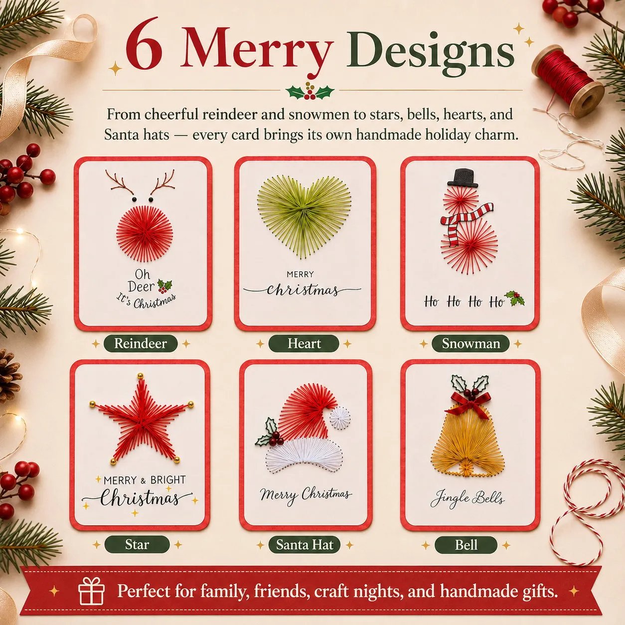 Merry and Bright Christmas thread card designs