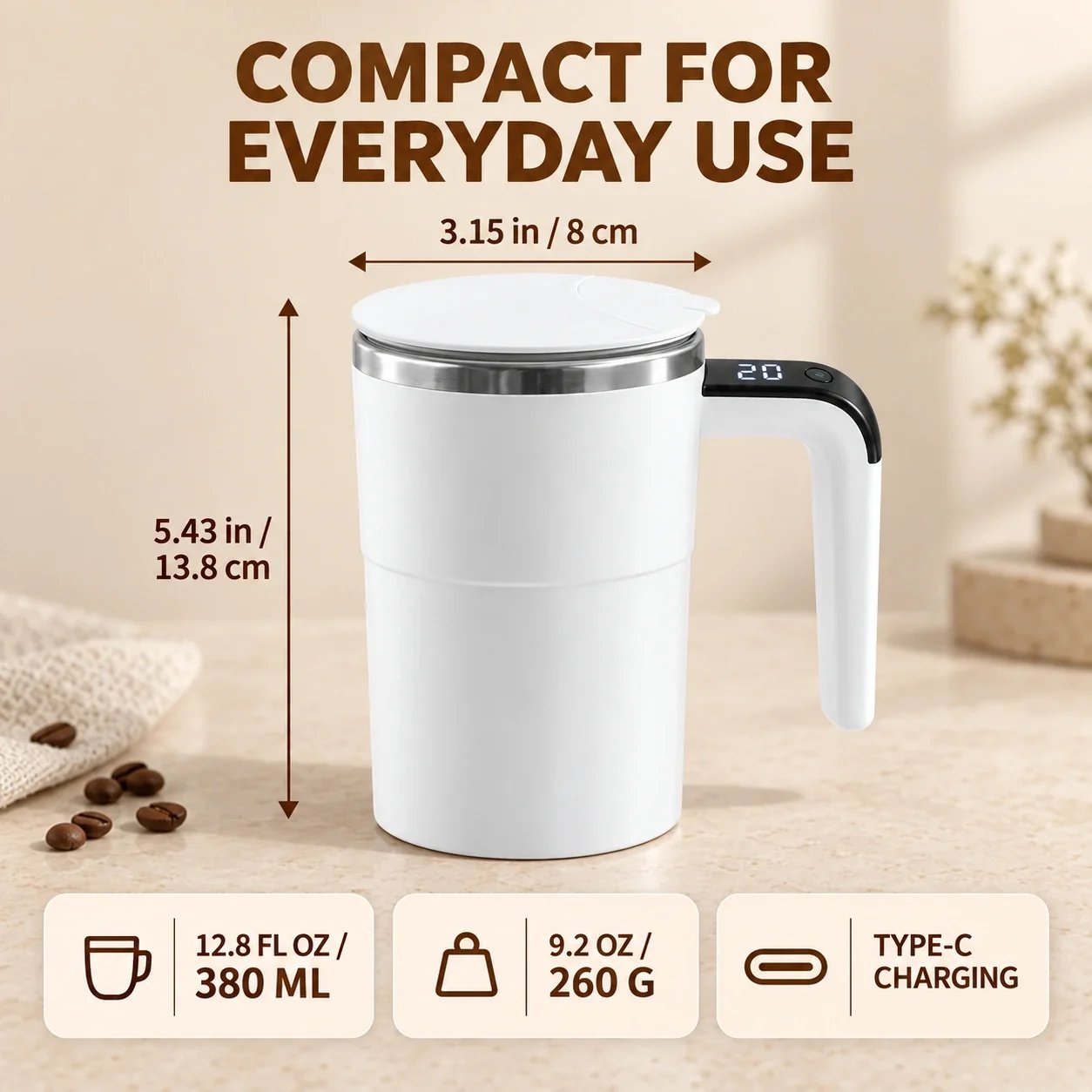 Automatic stirring mug dimensions, capacity, weight and charging specifications