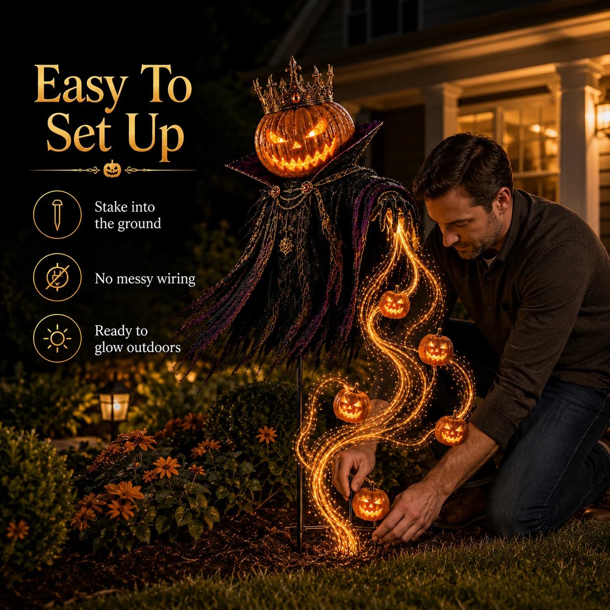 Installing Pumpkin King Halloween garden stake into outdoor soil