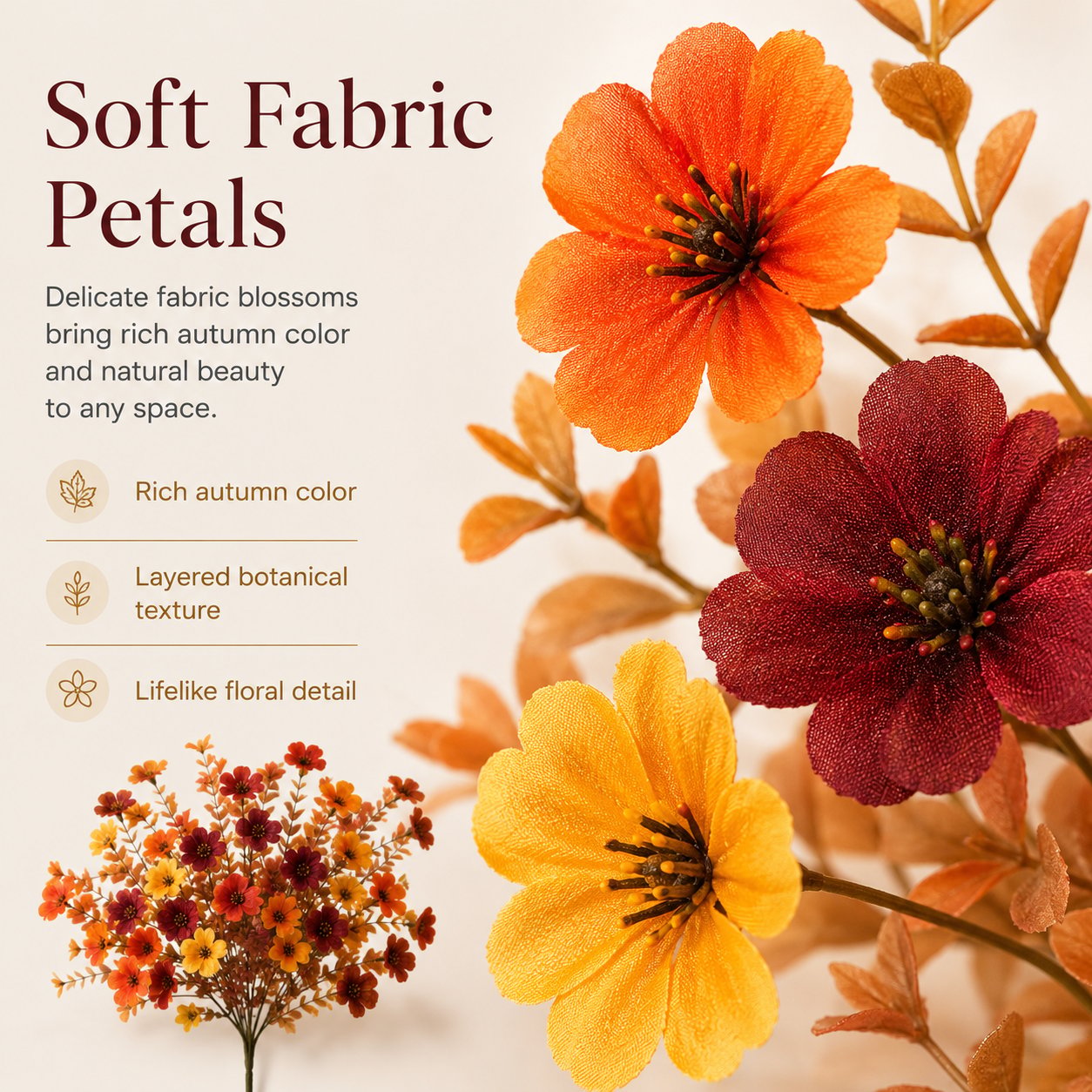 Orange yellow burgundy red and mixed artificial fall flower bouquet set options