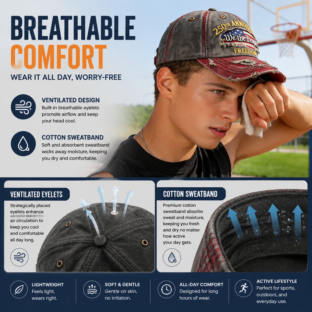 Breathable denim cap with eyelets and cotton sweatband