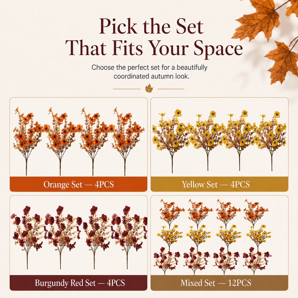 Single artificial fall flower bouquet size showing 12.2 inch height and 6.3 inch width