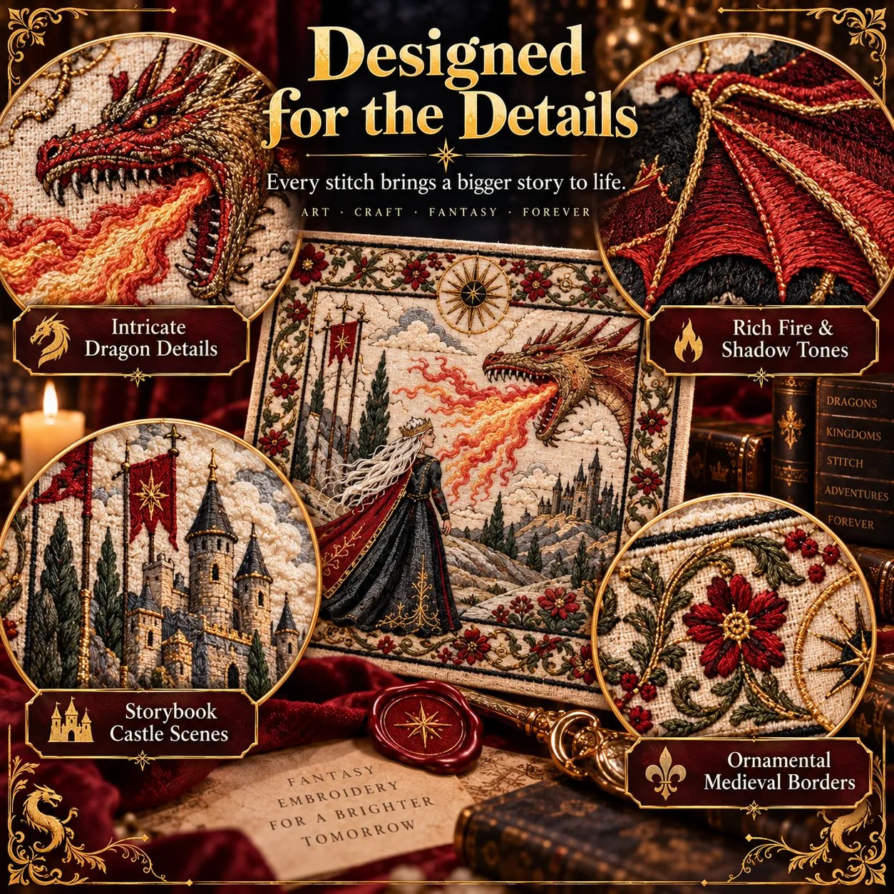 Four dragon embroidery design options