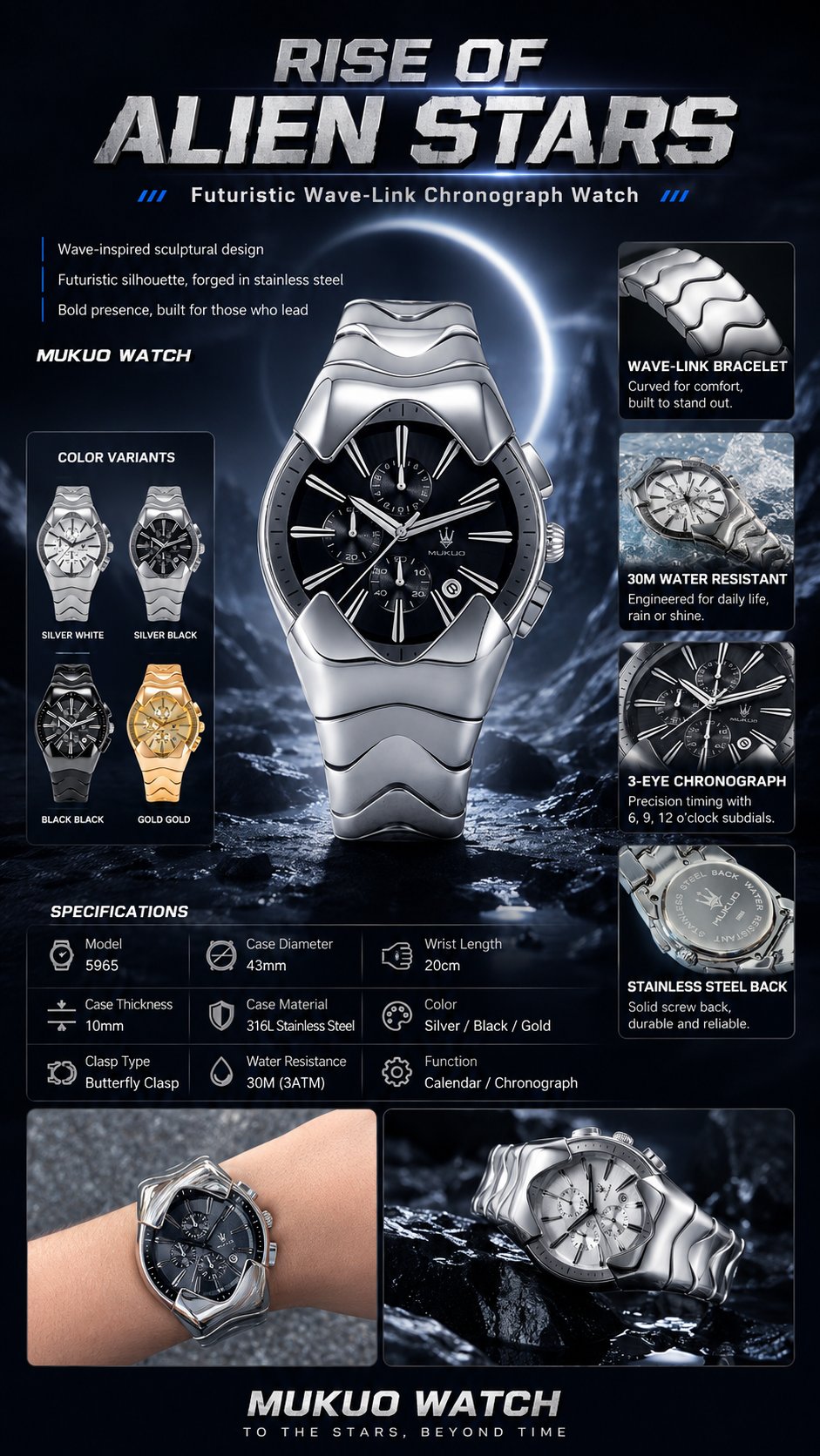 Front hero view of future-form wave-link watch