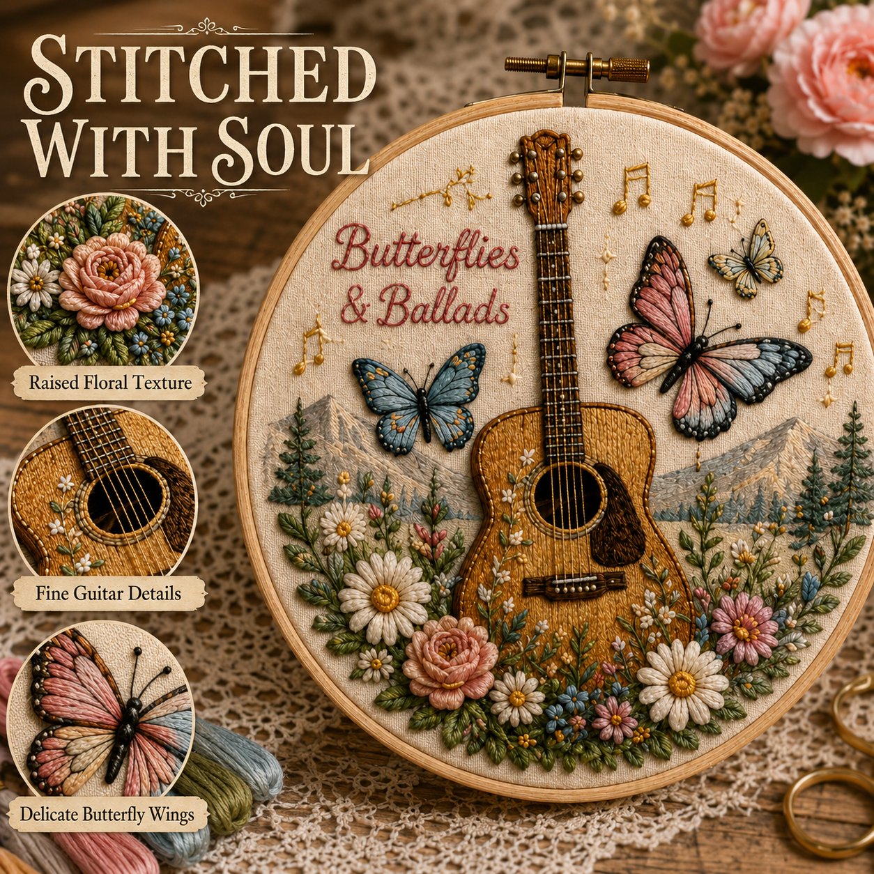 Close-up of raised floral texture, guitar details, and embroidered butterfly wings