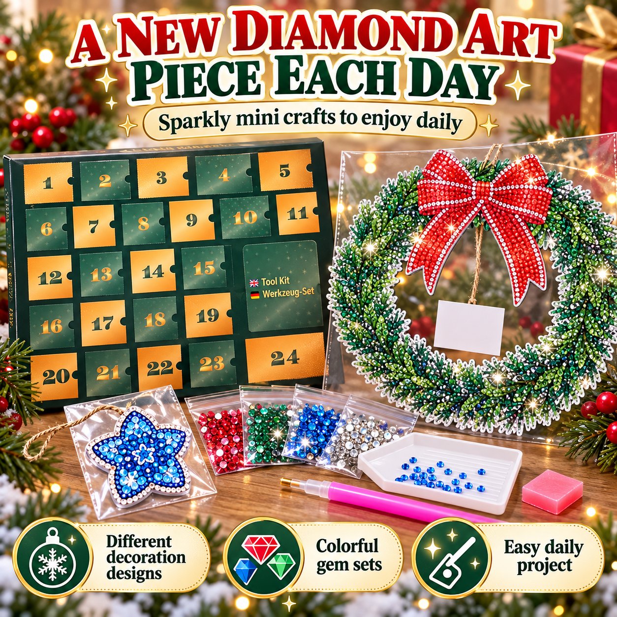 Mini diamond art decoration, colored gems, painting pen and tray alongside the calendar and wreath