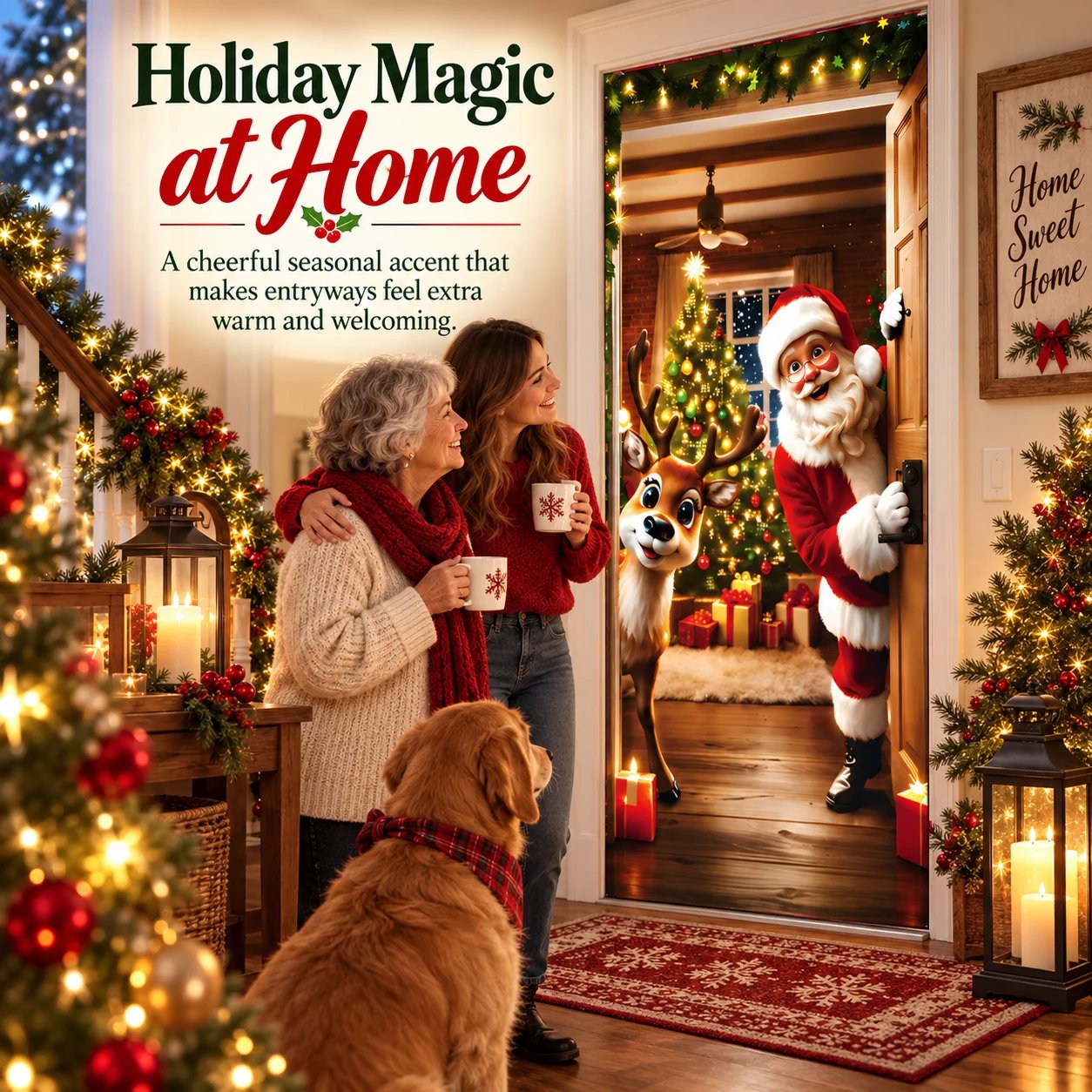 Family enjoying a festive entryway decorated with a Santa and reindeer Christmas door cover