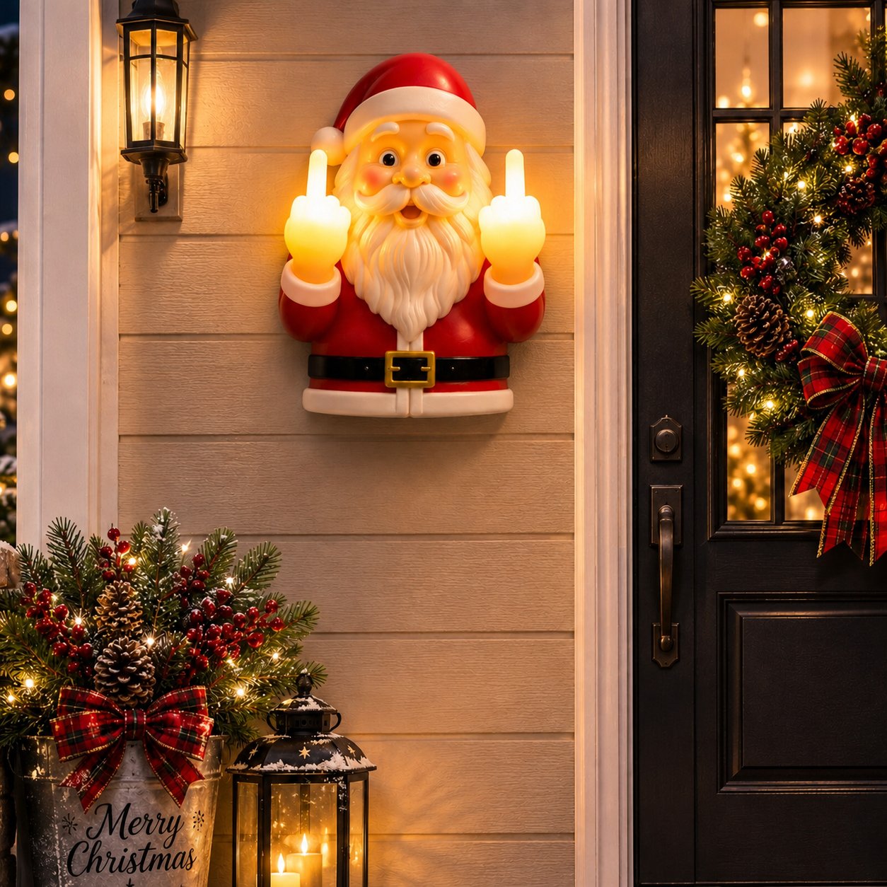 Compact glowing Santa wall decor on a porch