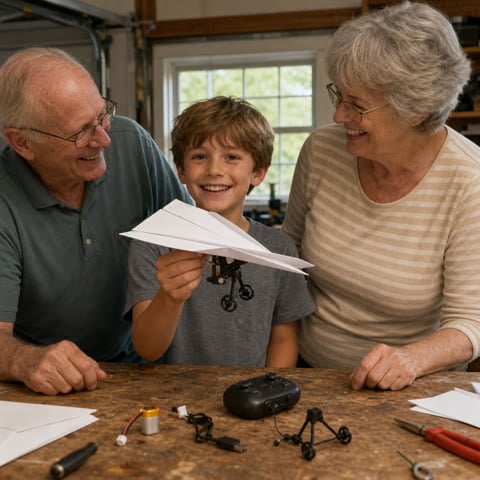 Grandparents building a paper airplane project with their grandson